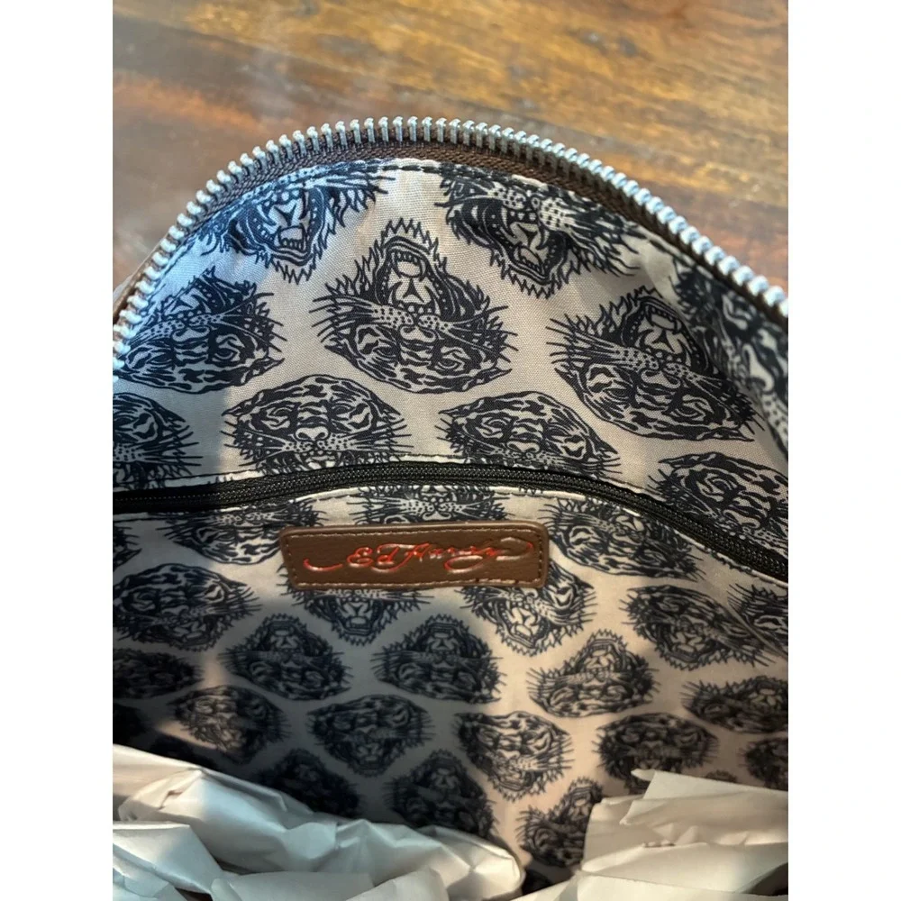 Ed Hardy~ Large Hobo Bag Demin Brown Leather Eternal Love Rhinestone Tiger Studs
